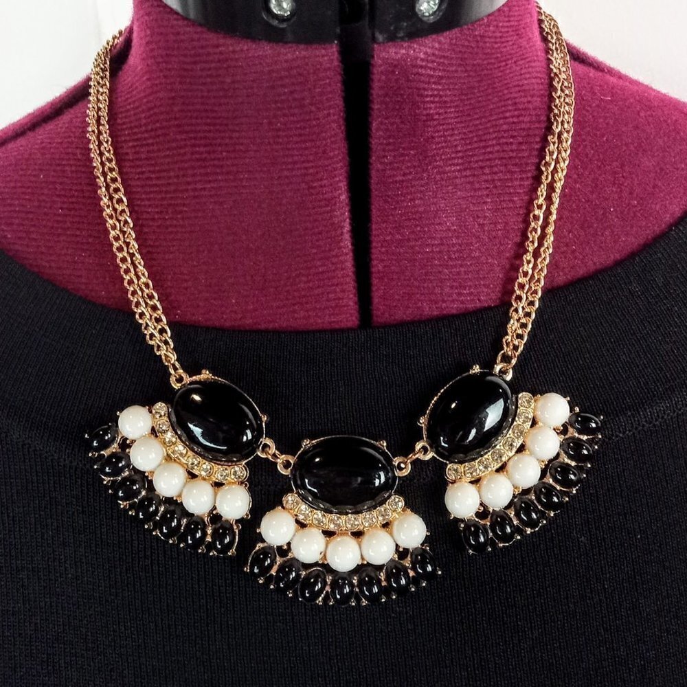 Black White Clear Crystal Double Chain Gold-Tone Necklace